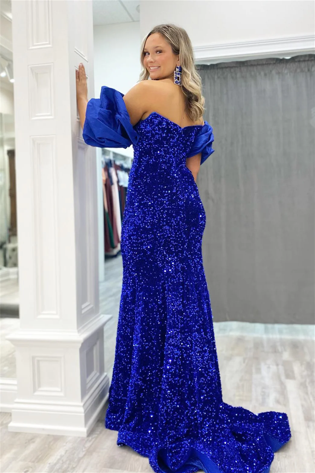 Mermaid Puff Sleeves Sequins Long Prom Dress Evening Party Dress,DP634