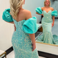 Mermaid Puff Sleeves Sequins Long Prom Dress Evening Party Dress,DP634