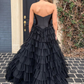 Black Strapless A-line Multi-Layers Tulle Long Prom Dress,DP635