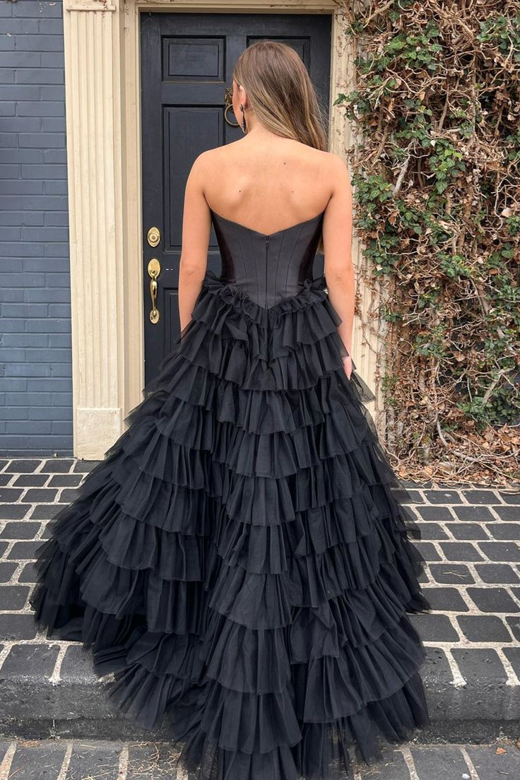 Black Strapless A-line Multi-Layers Tulle Long Prom Dress,DP635