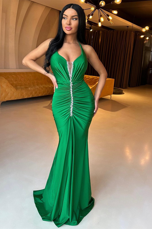 Green Halter Mermaid Prom Dress Beadings With Front Slit,DP637