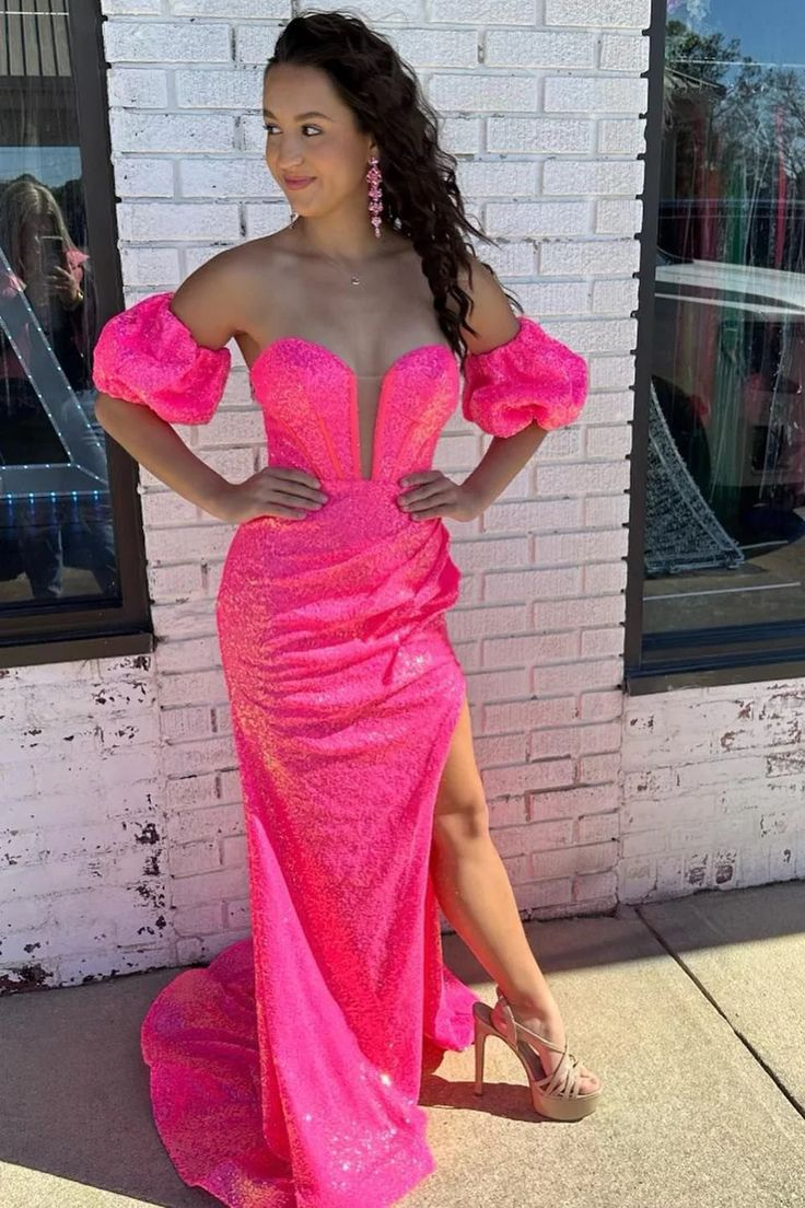 Hot Pink Sequins Detachable Sleeves Long Prom Dresses with Slit,DP638