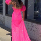 Hot Pink Sequins Detachable Sleeves Long Prom Dresses with Slit,DP638