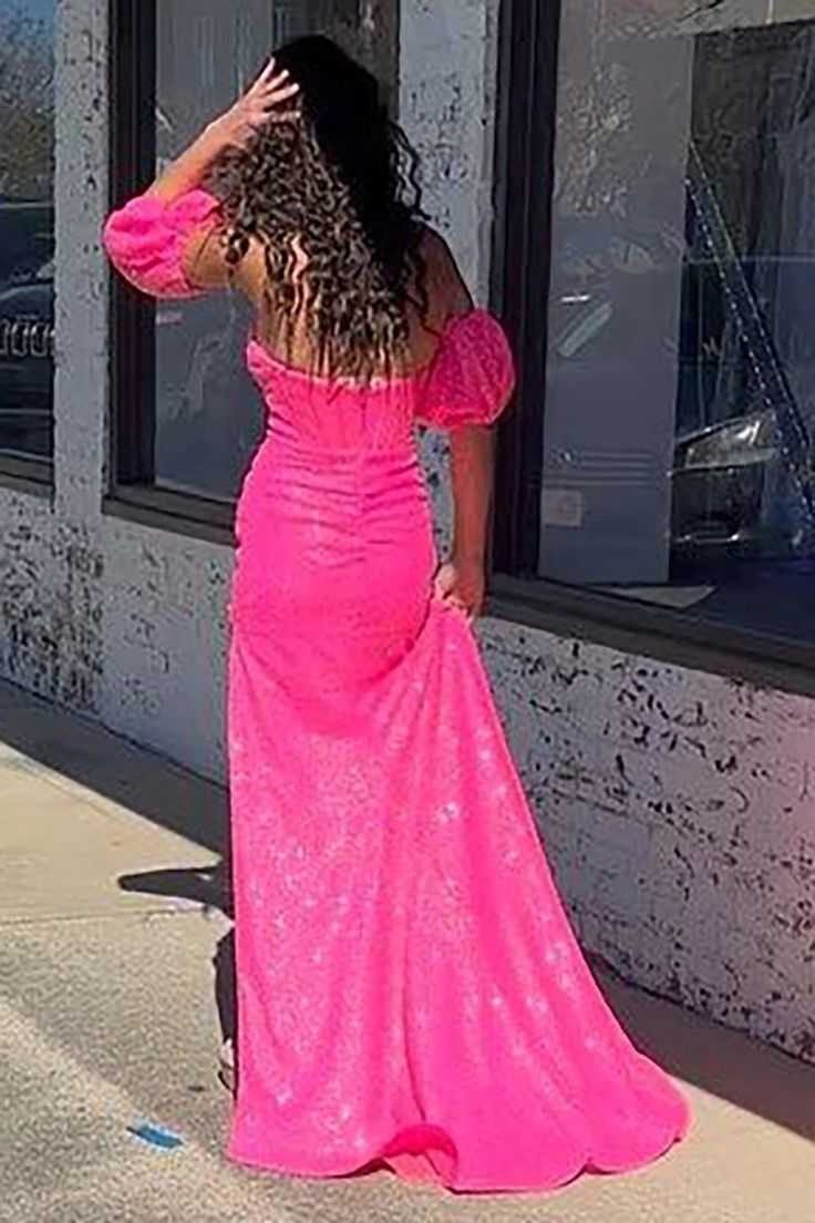 Hot Pink Sequins Detachable Sleeves Long Prom Dresses with Slit,DP638