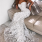 Sweetheart Mermaid Leaf Appliques Tulle White Long Prom Dress,DP641