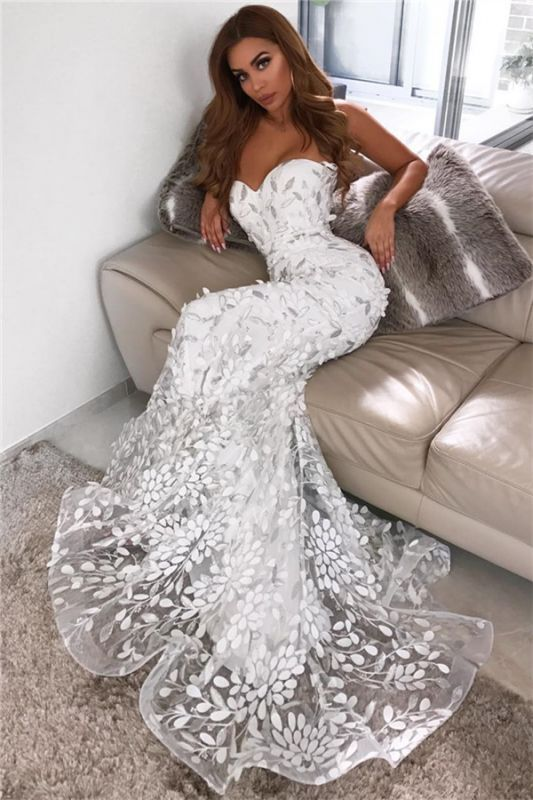 Sweetheart Mermaid Leaf Appliques Tulle White Long Prom Dress,DP641