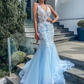 Light Blue V Neck Mermaid Appliques Long Prom Dresses,DP642