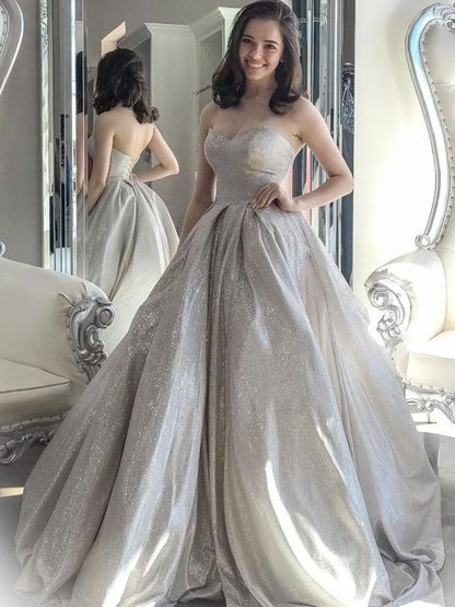 Gray Sweetheart Neck Tulle Sequin Long Prom Dress Gray Formal Dress,DP647