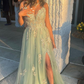 Green V-neck Tulle Long Prom Dress A-Line Evening Dress with Slit,DP651