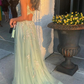 Green V-neck Tulle Long Prom Dress A-Line Evening Dress with Slit,DP651