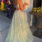 Green V-neck Tulle Long Prom Dress A-Line Evening Dress with Slit,DP651