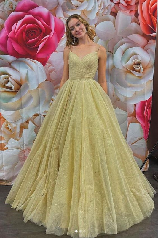 Gold V Neck A-Line Tulle Long Prom Dress Formal Dress,DP654