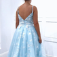 Beaded Straps Floral Appliques Light Blue Long Prom Dress,DP656