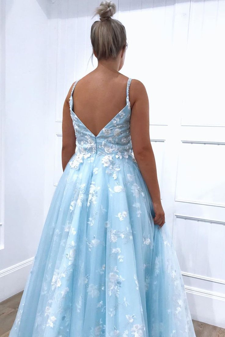 Beaded Straps Floral Appliques Light Blue Long Prom Dress,DP656