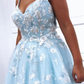 Beaded Straps Floral Appliques Light Blue Long Prom Dress,DP656