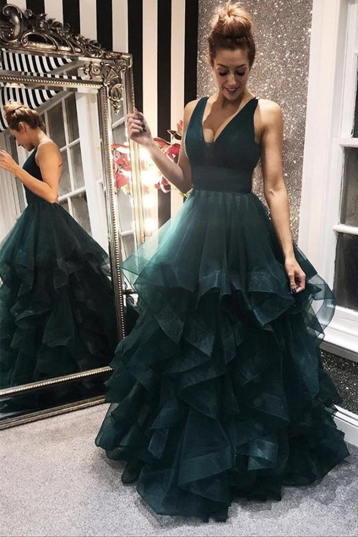 V Neck Backless Dark Green Long Prom Dresses Formal Dresses,DP657