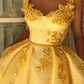 Elegant Baby Yellow A-line Floral Long Prom Dress Evening Gown,DP659