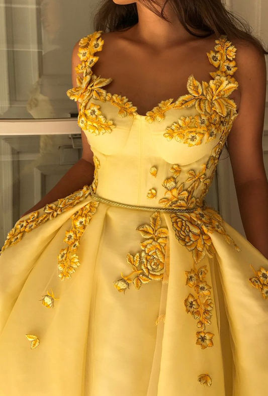 Elegant Baby Yellow A-line Floral Long Prom Dress Evening Gown,DP659