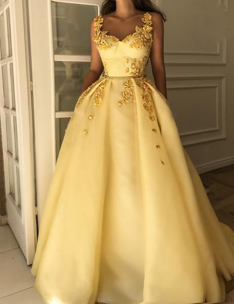 Elegant Baby Yellow A-line Floral Long Prom Dress Evening Gown,DP659