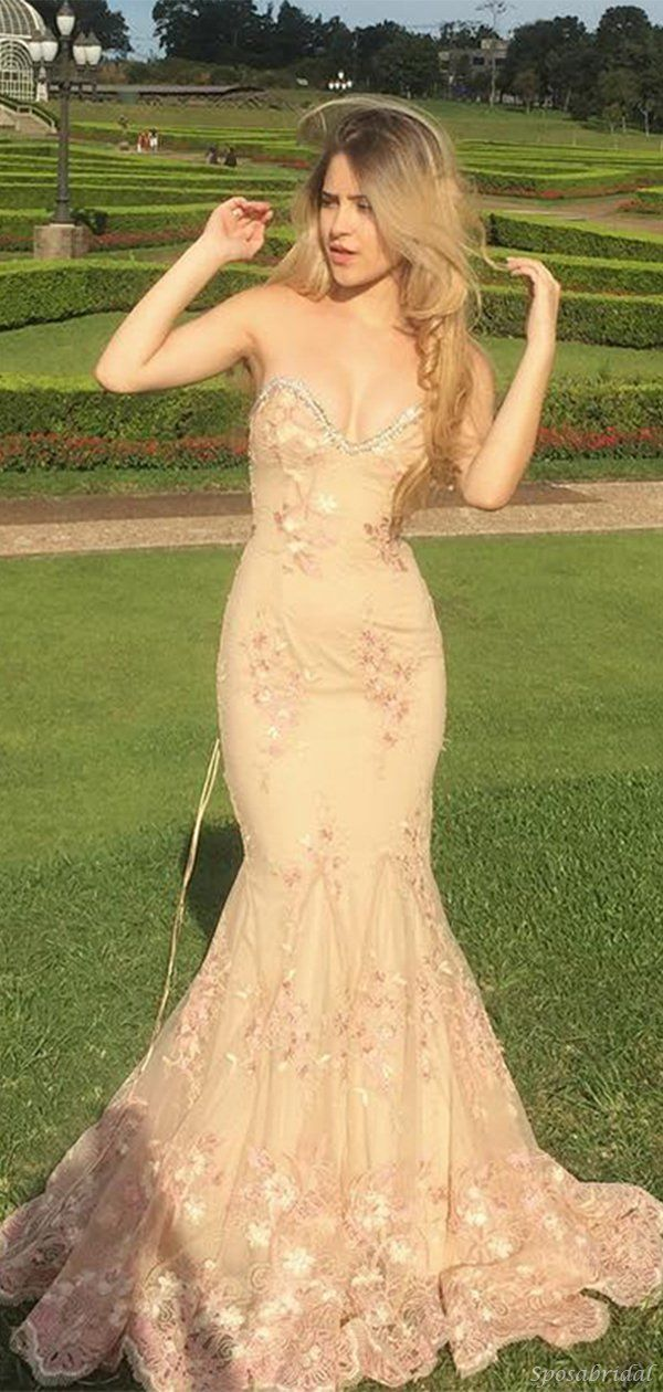 Sexy Nude Sweetheart Strapless Mermaid Lace Long Prom Dress,DP660