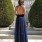 Navy A-line Sparkly Deep V-neck Backless Tulle Charming Prom Dress,DP661