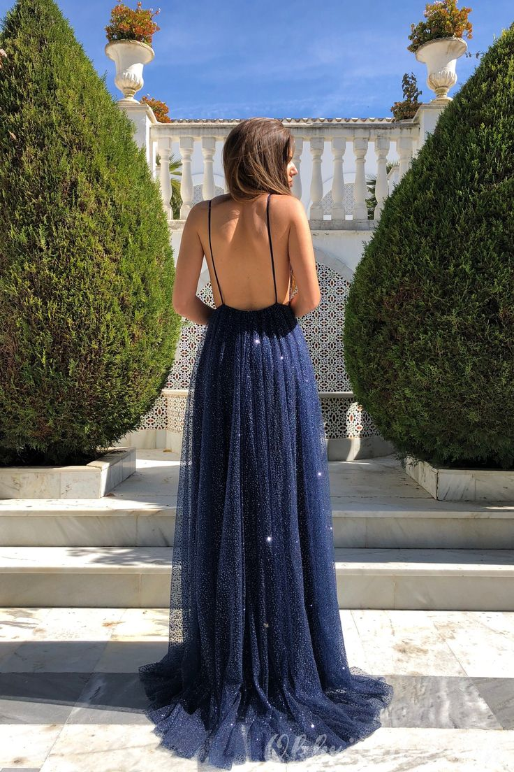 Navy A-line Sparkly Deep V-neck Backless Tulle Charming Prom Dress,DP661