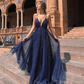 Navy A-line Sparkly Deep V-neck Backless Tulle Charming Prom Dress,DP661