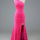 One Shoulder Fuchsia Sequin Long Prom Dress Evening Party Dress with Slit,DP664