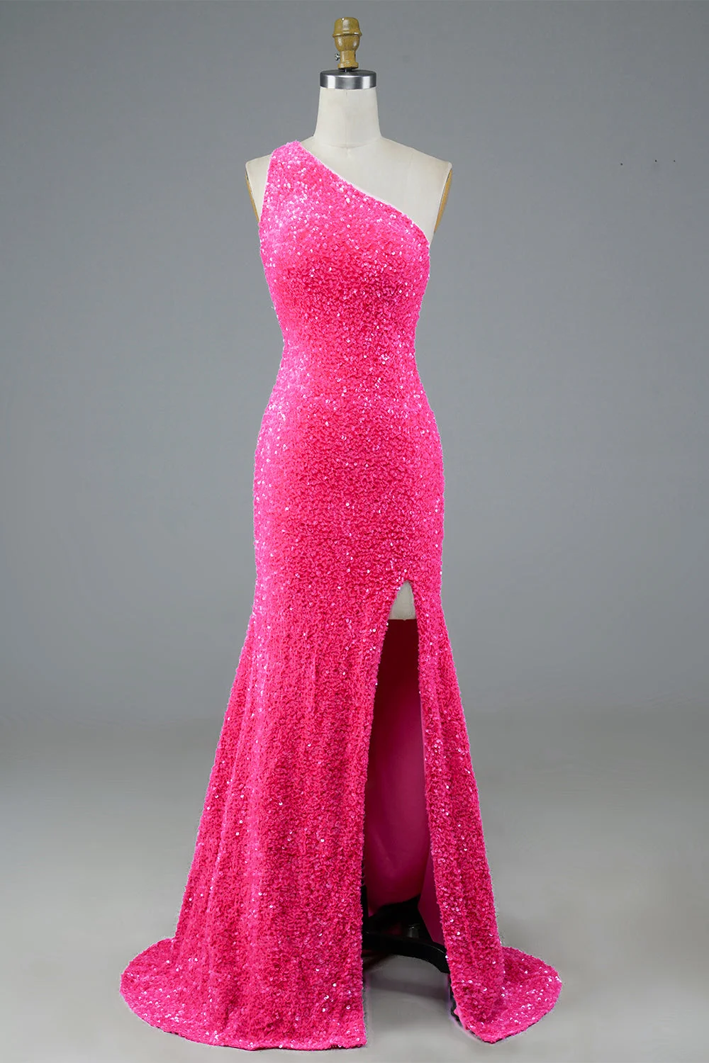 One Shoulder Fuchsia Sequin Long Prom Dress Evening Party Dress with Slit,DP664