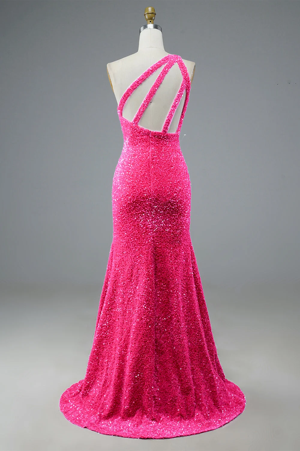 One Shoulder Fuchsia Sequin Long Prom Dress Evening Party Dress with Slit,DP664