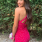 One Shoulder Fuchsia Sequin Long Prom Dress Evening Party Dress with Slit,DP664