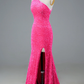 One Shoulder Fuchsia Sequin Long Prom Dress Evening Party Dress with Slit,DP664