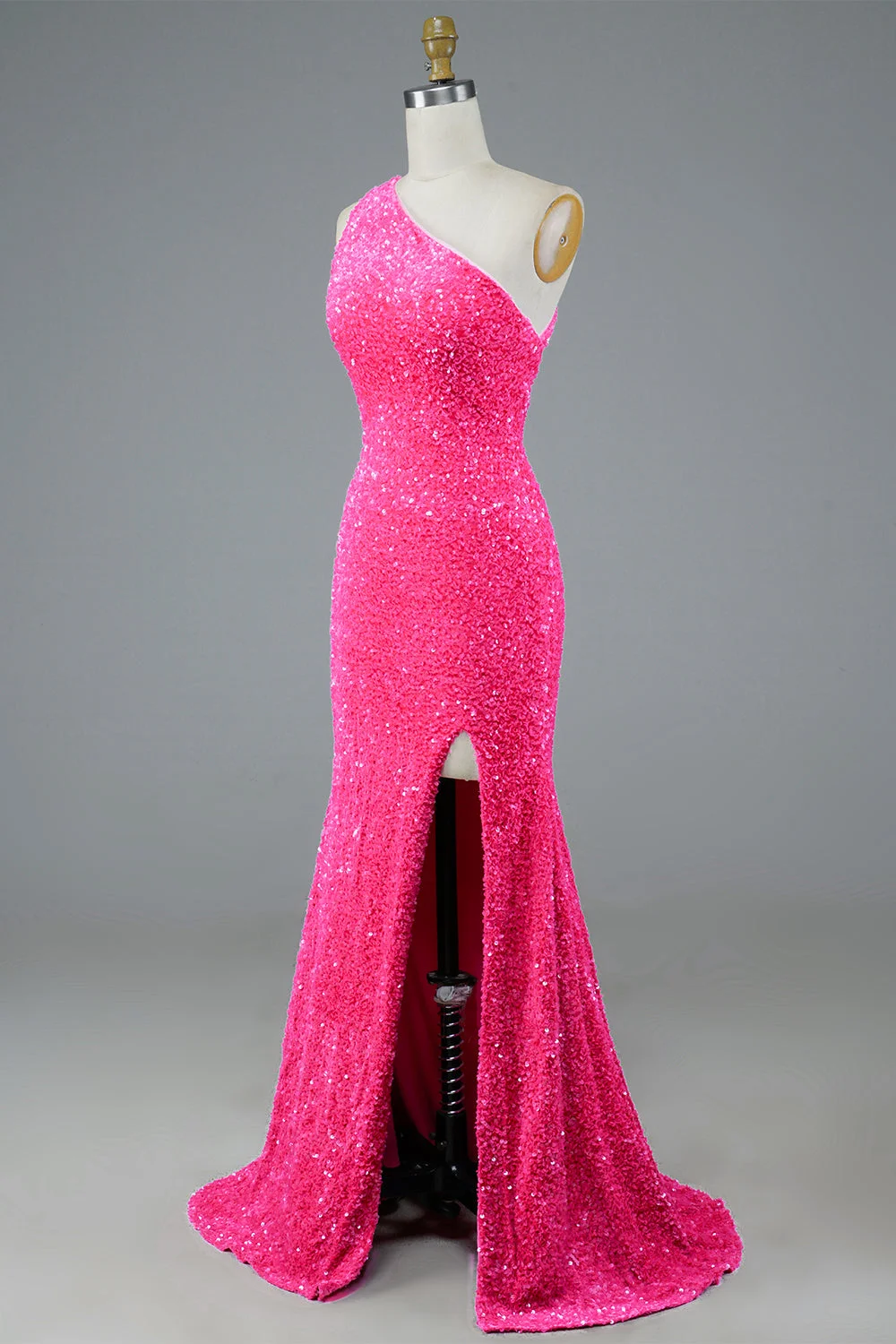 One Shoulder Fuchsia Sequin Long Prom Dress Evening Party Dress with Slit,DP664