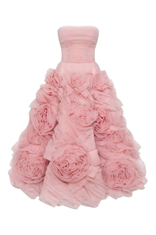 Misty Pink Flowered Tulle Prom Dress Strapless Midi Dress Cocktail Party Dress,DP666