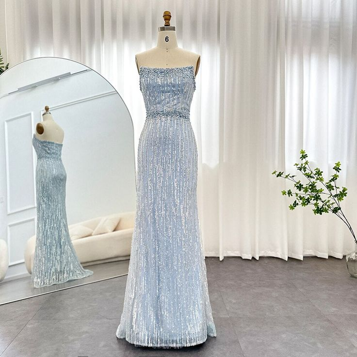 Light Blue Pearls Luxury Dubai Evening Dresses Elegant Strapless Formal Prom Gowns,DP667