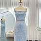 Light Blue Pearls Luxury Dubai Evening Dresses Elegant Strapless Formal Prom Gowns,DP667