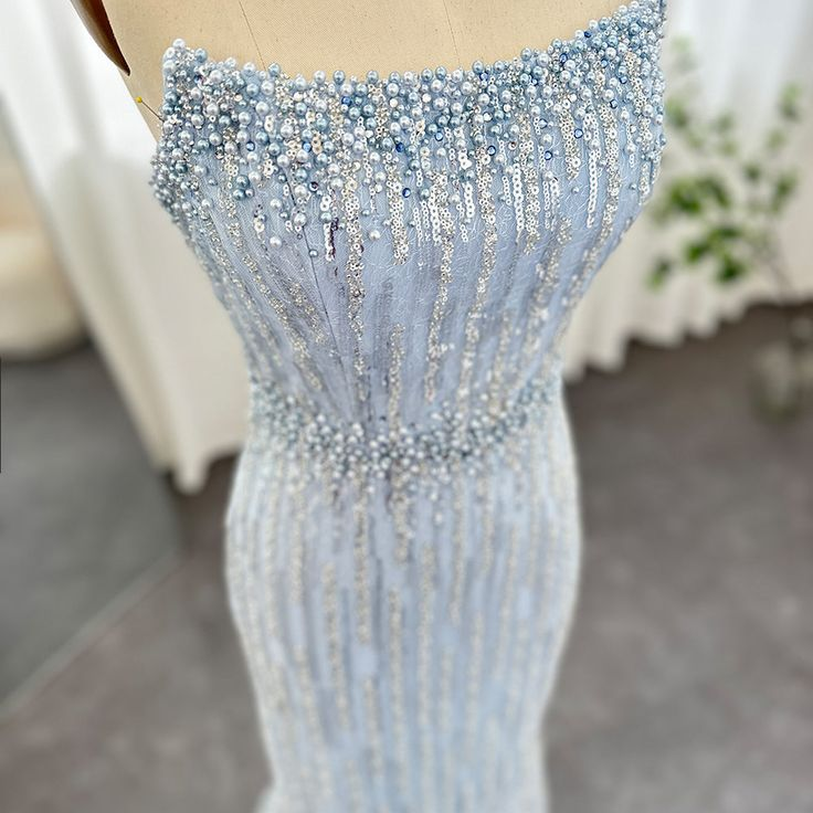 Light Blue Pearls Luxury Dubai Evening Dresses Elegant Strapless Formal Prom Gowns,DP667