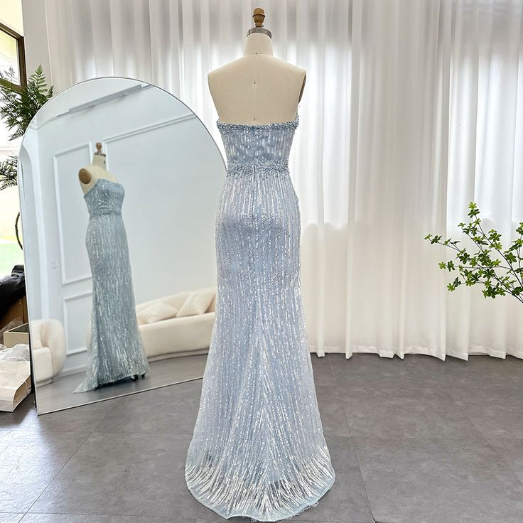 Light Blue Pearls Luxury Dubai Evening Dresses Elegant Strapless Formal Prom Gowns,DP667