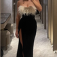 Sexy Black Sheath Long Prom Dress Strapless Evening Party Dress with High Slit,DP669