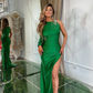 Green Satin One Shoulder One Sleeve Rhinstone  Long Prom Dress with Slit,DP670