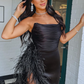 Black Sheath Strapless Satin High Slit Long Prom Dress with Feather,DP672