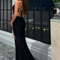 Mermaid Halter Black Long Prom Dress with Cross Criss Back,DP673