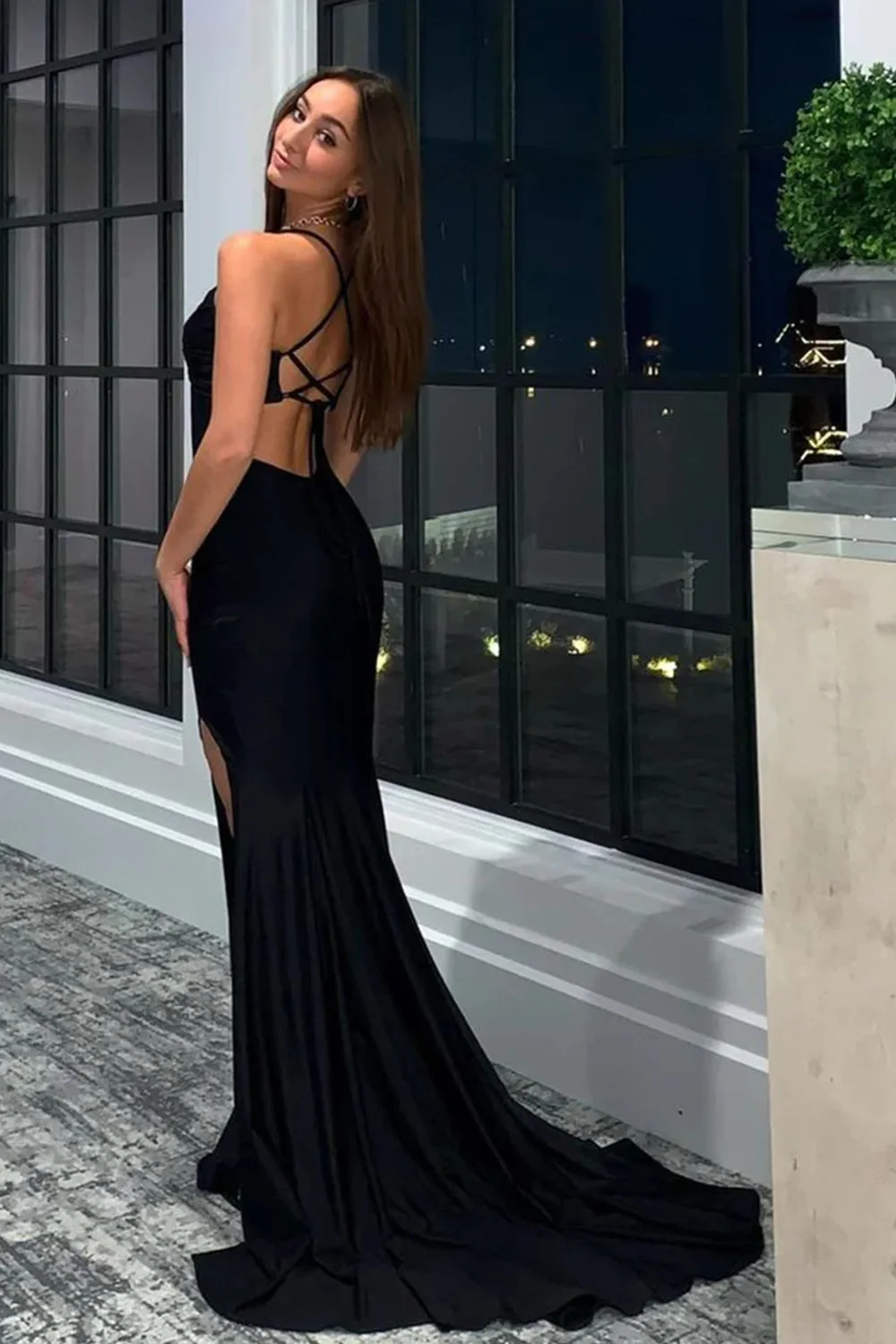 Mermaid Halter Black Long Prom Dress with Cross Criss Back,DP673