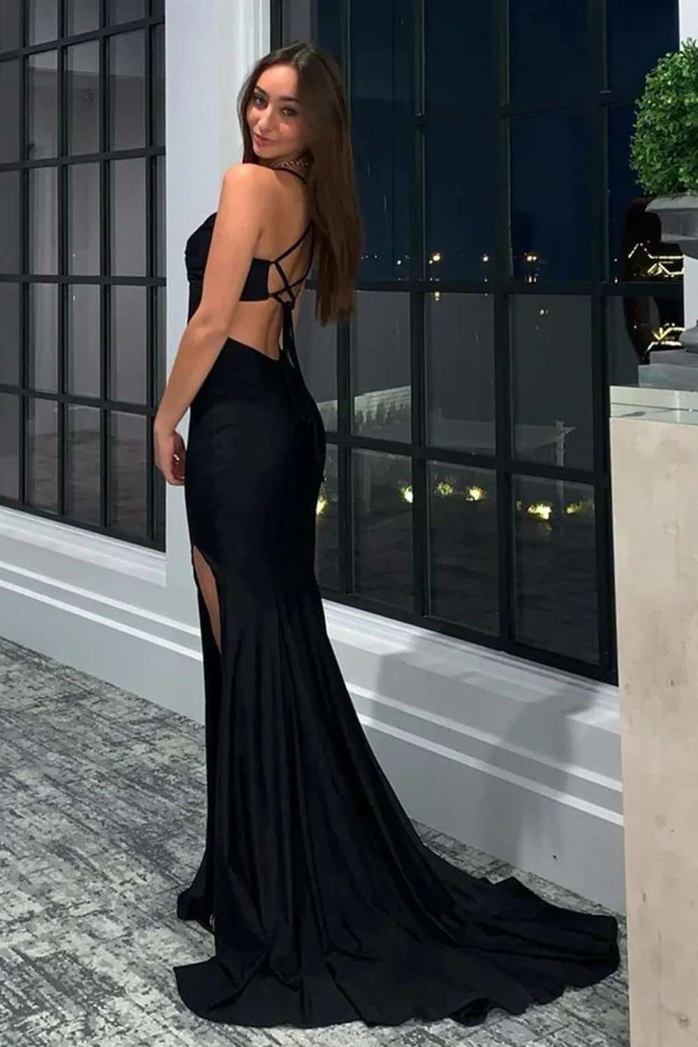 Mermaid Halter Black Long Prom Dress with Cross Criss Back,DP673