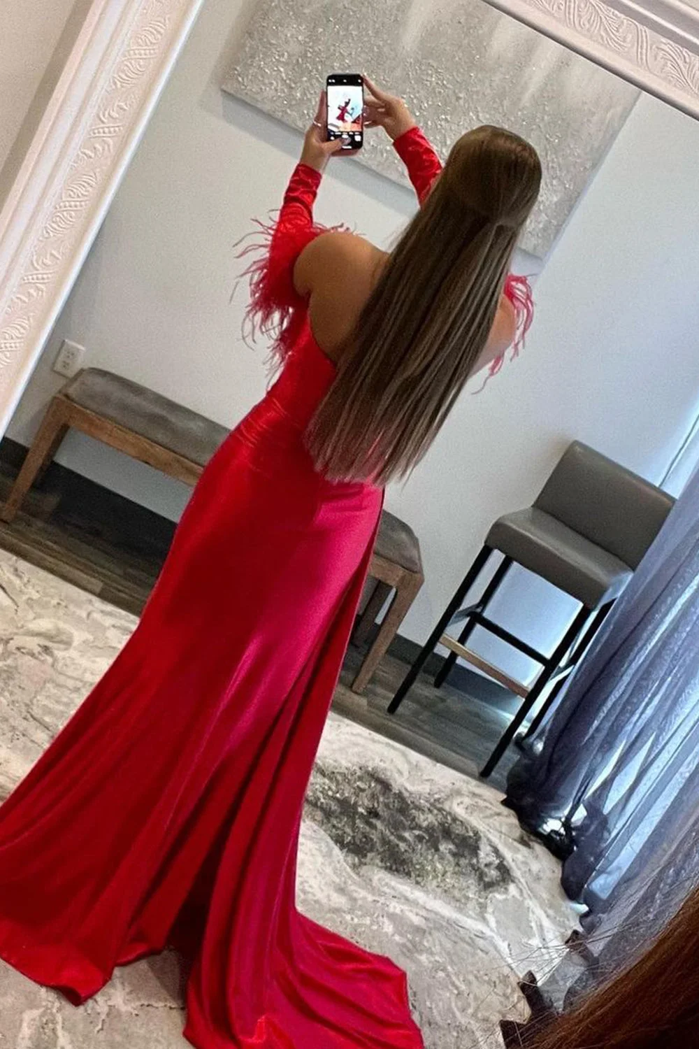 Red Strapless Long Prom Dress with Detachable Feather Sleeves,DP674