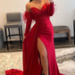 Red Strapless Long Prom Dress with Detachable Feather Sleeves,DP674