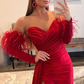 Red Strapless Long Prom Dress with Detachable Feather Sleeves,DP674