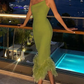 Green One Shoulder Mermaid Irregular Fuzzy Hem Midi Dress Chic Party Dress,DP677