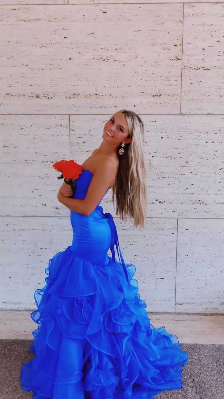 Charming Mermaid Strapless Tulle Tiered Long Prom Formal Party Dress,DP690