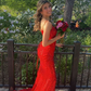 Red Spaghetti Straps Mermaid Long Prom Formal Party Dress with Slit,DP692